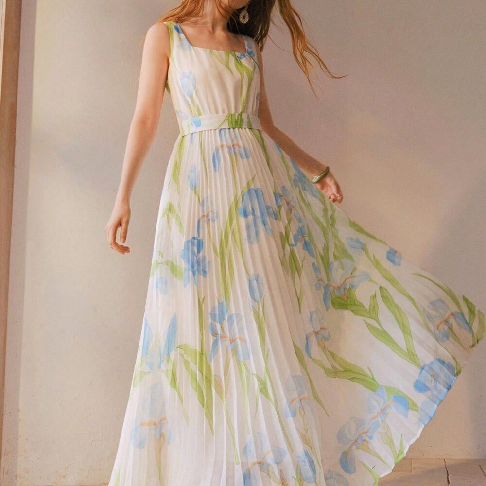 Blue Elegant Women's Pleated Sleeveless Square Neck Printed Dress - Picture 6 of 6